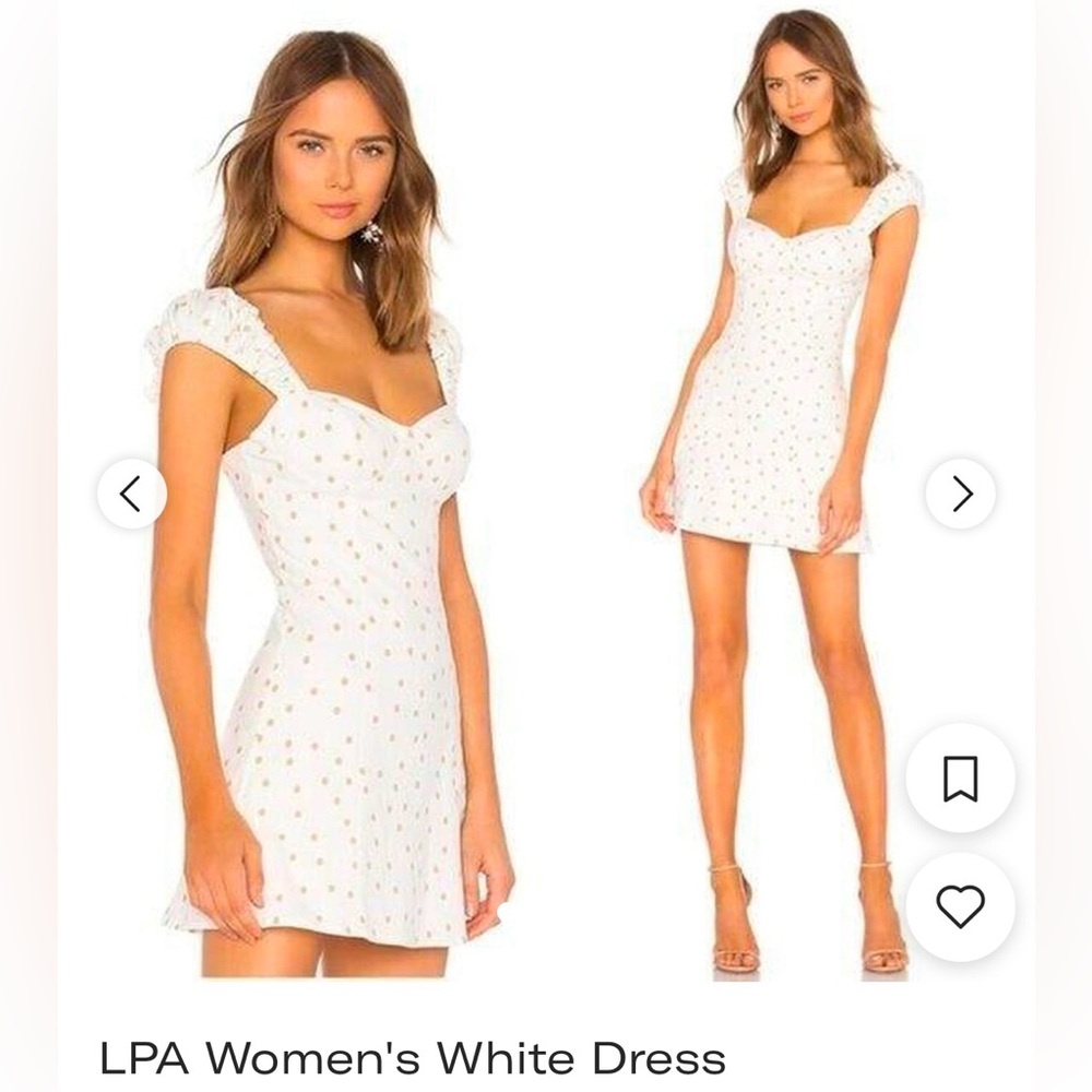LPA Polka Dot Dress L – Linen Blend, White tan Dots Size off-shoulder, romantic